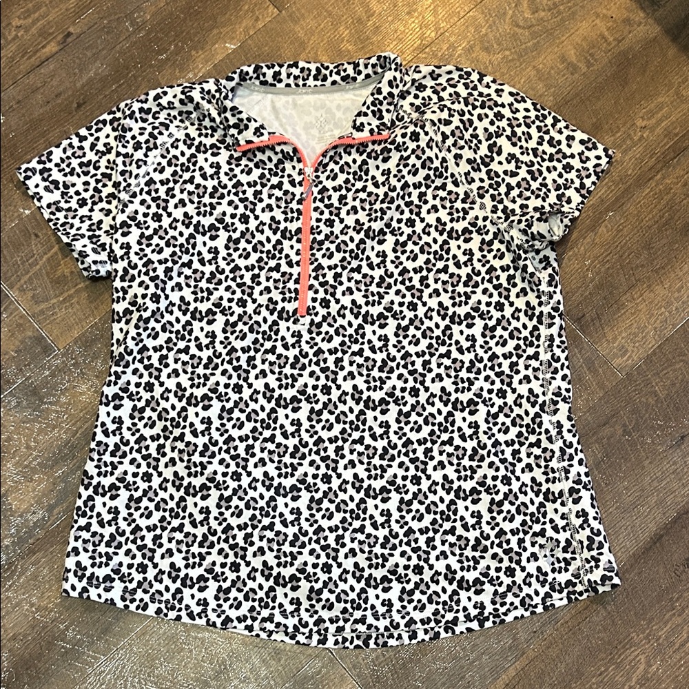 JoFit Short Sleeve Leopard Print‎ Polo Top with Pink Zip Golf Size XXL
